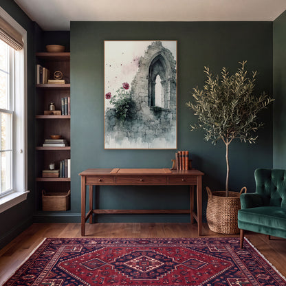 Crumbling Stone Arch Rose Gothic wall art in a moody dark academia room – watercolor-style crumbling gray stone wall