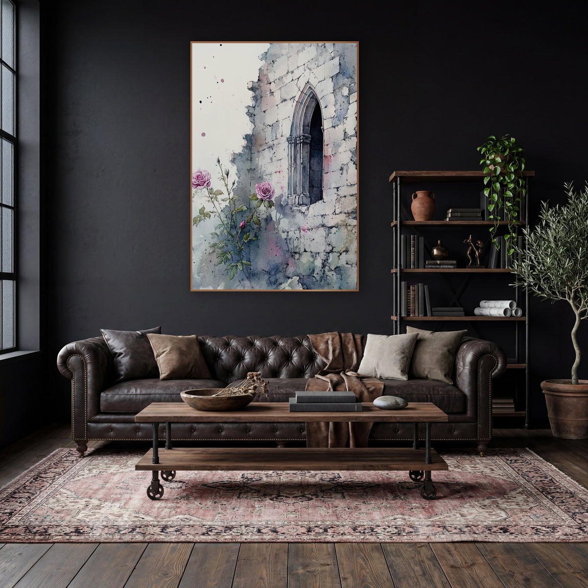 Pink Roses Gothic Window Ruin wall art in a moody dark academia room – pink roses and buds growing beside a crumbling