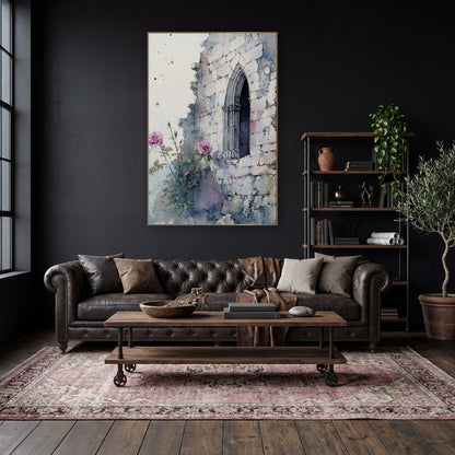 Pink Roses Gothic Window Ruin wall art in a moody dark academia room – pink roses and buds growing beside a crumbling