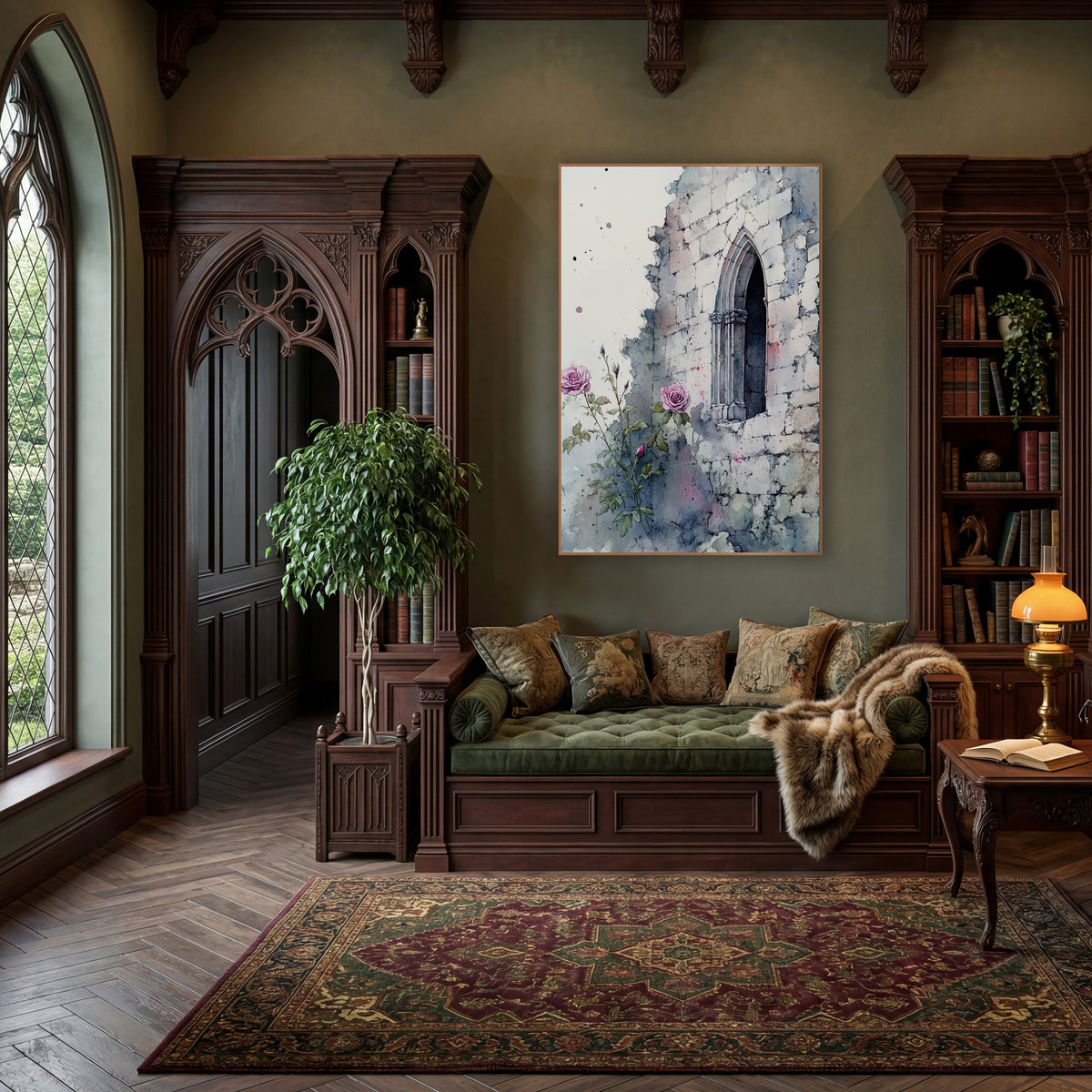 Pink Roses Gothic Window Ruin wall art in a moody dark academia room – pink roses and buds growing beside a crumbling