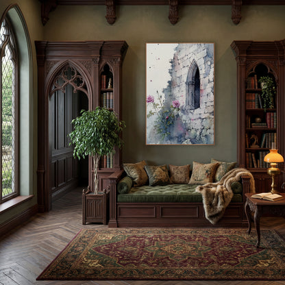 Pink Roses Gothic Window Ruin wall art in a moody dark academia room – pink roses and buds growing beside a crumbling
