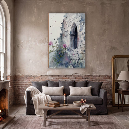 Pink Roses Gothic Window Ruin wall art in a moody dark academia room – pink roses and buds growing beside a crumbling