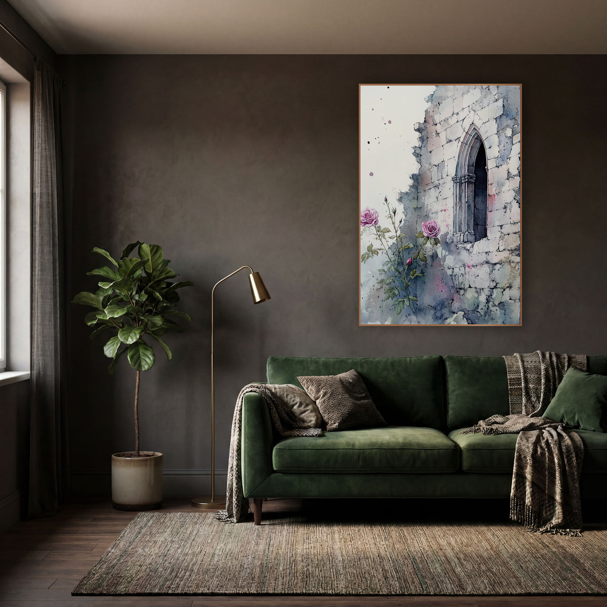 Pink Roses Gothic Window Ruin wall art in a moody dark academia room – pink roses and buds growing beside a crumbling