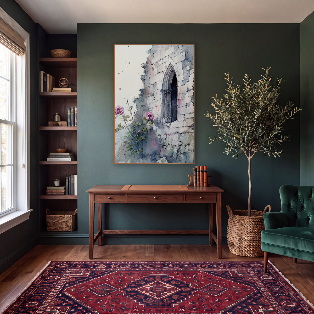 Pink Roses Gothic Window Ruin wall art in a moody dark academia room – pink roses and buds growing beside a crumbling