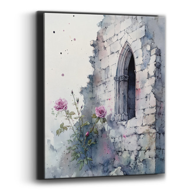 Pink Roses Gothic Window Ruin Canvas Wall Art