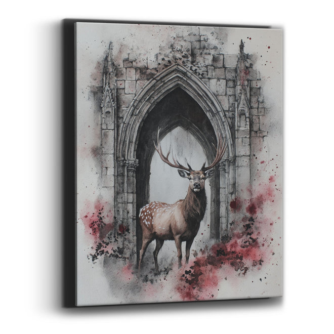 Stag in Gothic Arch Ink Watercolor Canvas Wall Art