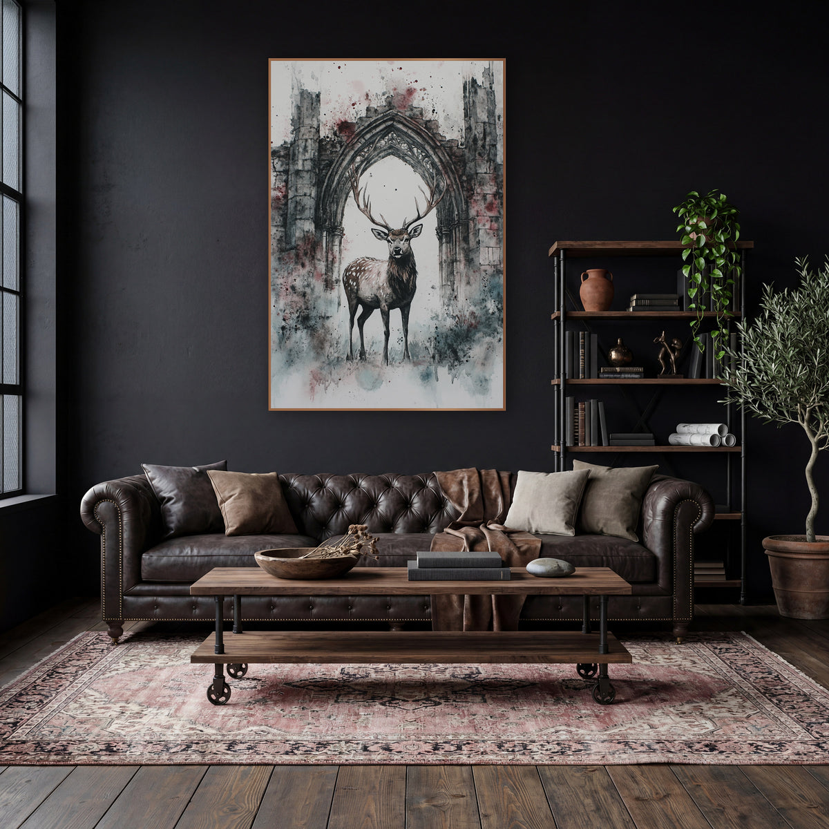 Spotted Stag Gothic Arch Ruins wall art in a moody dark academia room – spotted stag with large antlers standing