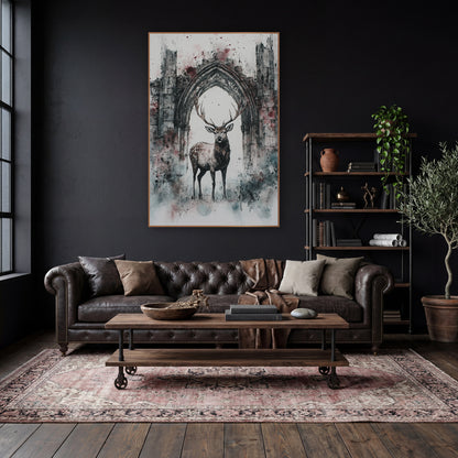Spotted Stag Gothic Arch Ruins wall art in a moody dark academia room – spotted stag with large antlers standing