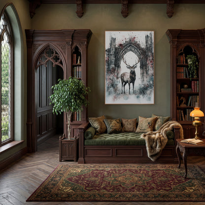 Spotted Stag Gothic Arch Ruins wall art in a moody dark academia room – spotted stag with large antlers standing