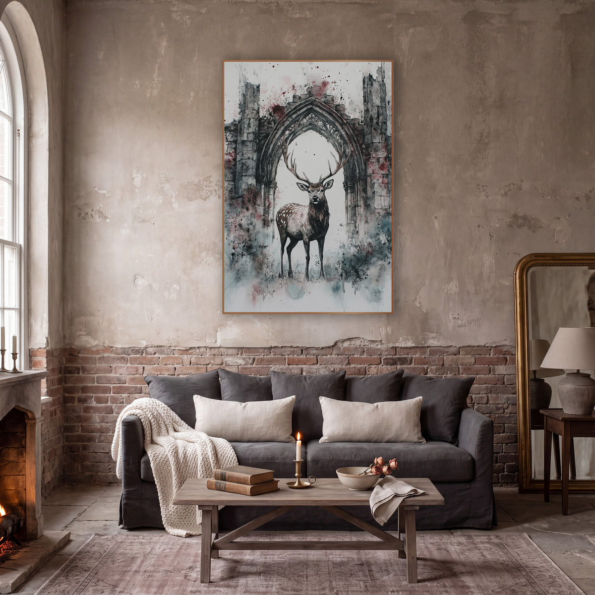 Spotted Stag Gothic Arch Ruins wall art in a moody dark academia room – spotted stag with large antlers standing