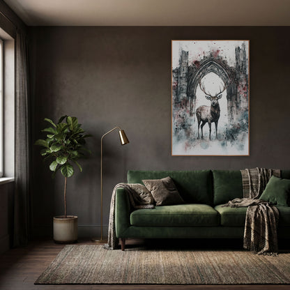 Spotted Stag Gothic Arch Ruins wall art in a moody dark academia room – spotted stag with large antlers standing