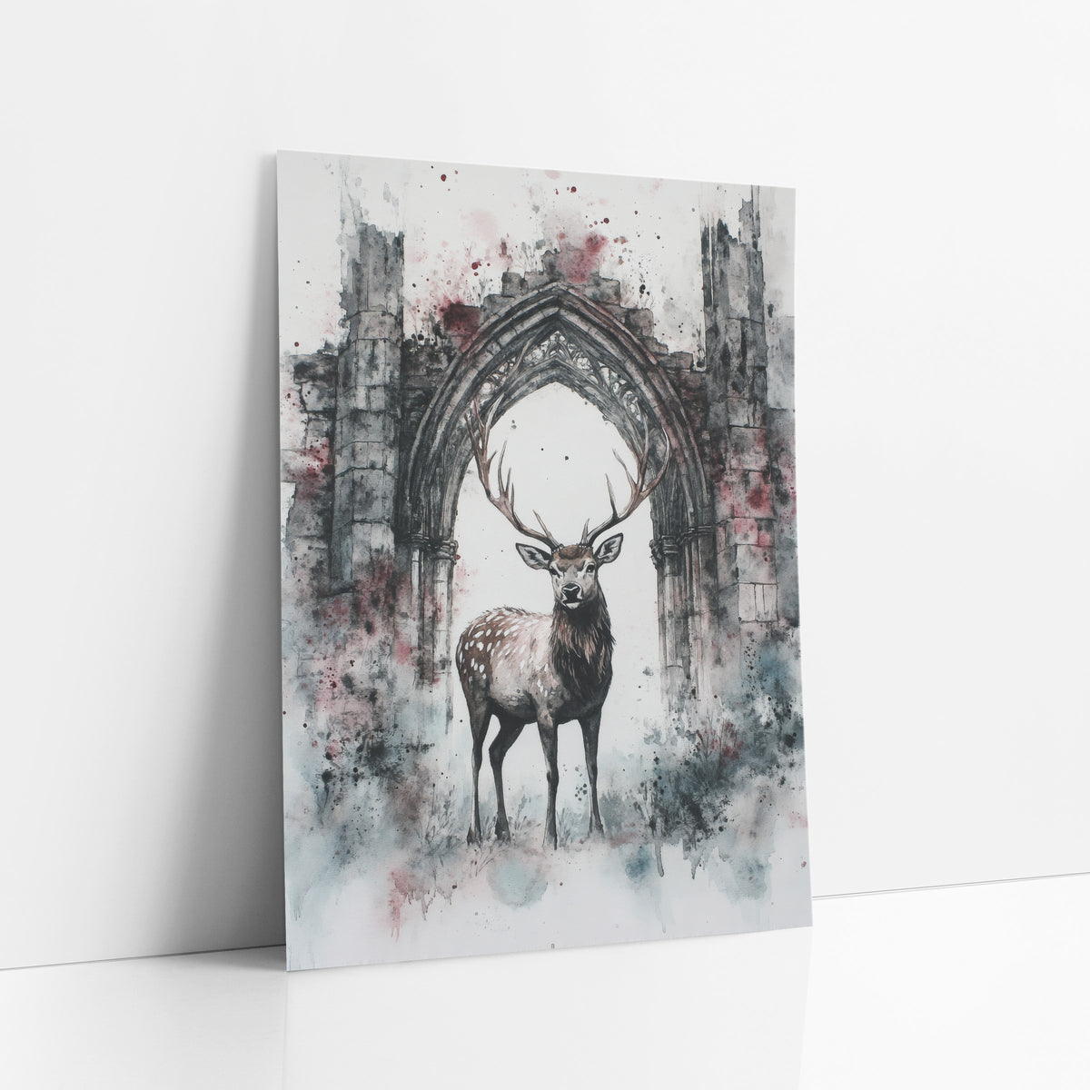 Spotted Stag Gothic Arch Ruins art print leaning against a white wall – spotted stag with large antlers standing in a ruined