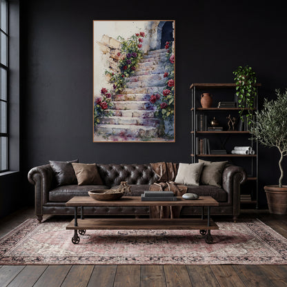 Crimson Rose Staircase Classic wall art in a moody dark academia room – watercolor-style stone staircase with red