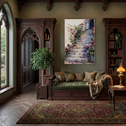 Crimson Rose Staircase Classic wall art in a moody dark academia room – watercolor-style stone staircase with red