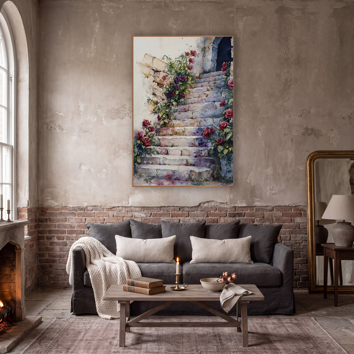 Crimson Rose Staircase Classic wall art in a moody dark academia room – watercolor-style stone staircase with red