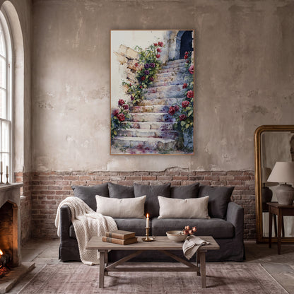 Crimson Rose Staircase Classic wall art in a moody dark academia room – watercolor-style stone staircase with red