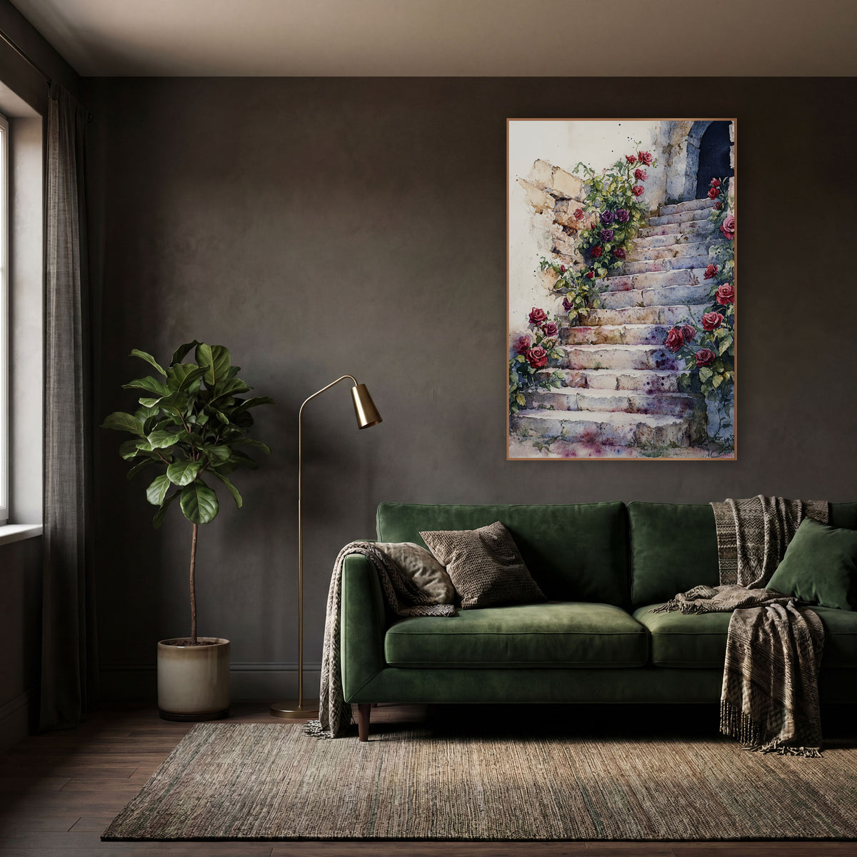 Crimson Rose Staircase Classic wall art in a moody dark academia room – watercolor-style stone staircase with red