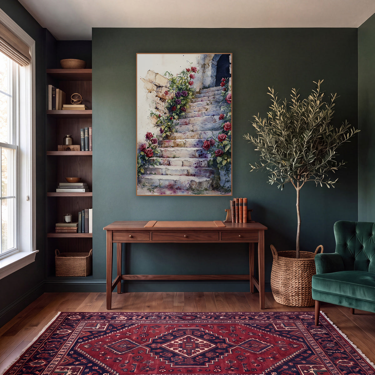 Crimson Rose Staircase Classic wall art in a moody dark academia room – watercolor-style stone staircase with red