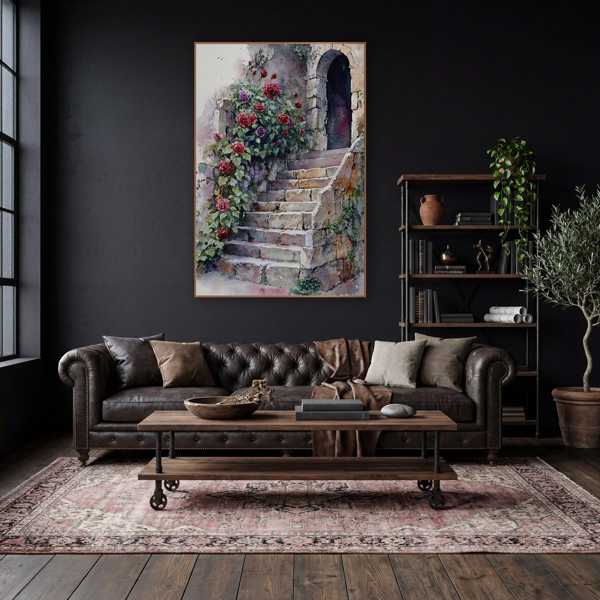 Arched Door Roses Vintage wall art in a moody dark academia room – red and purple roses climbing beside worn stone