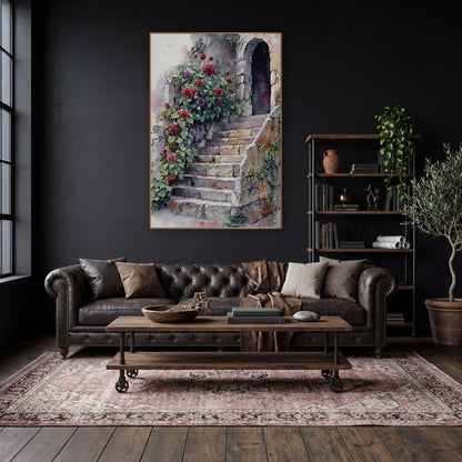 Arched Door Roses Vintage wall art in a moody dark academia room – red and purple roses climbing beside worn stone