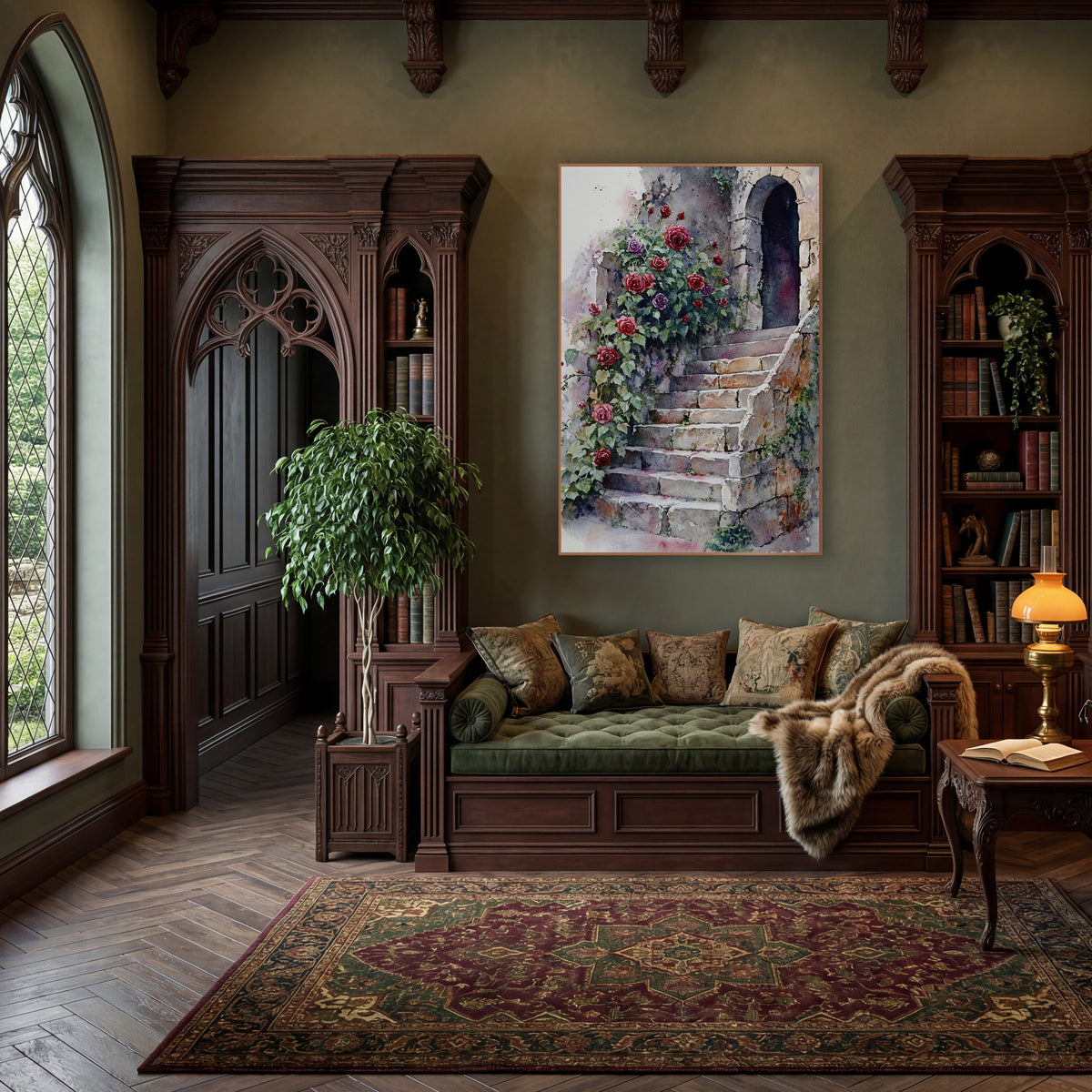 Arched Door Roses Vintage wall art in a moody dark academia room – red and purple roses climbing beside worn stone