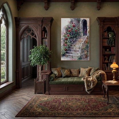 Arched Door Roses Vintage wall art in a moody dark academia room – red and purple roses climbing beside worn stone