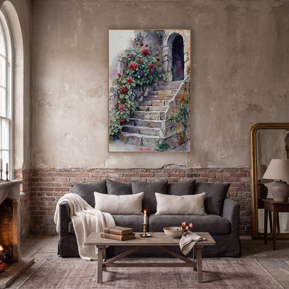Arched Door Roses Vintage wall art in a moody dark academia room – red and purple roses climbing beside worn stone