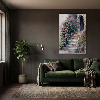 Arched Door Roses Vintage wall art in a moody dark academia room – red and purple roses climbing beside worn stone