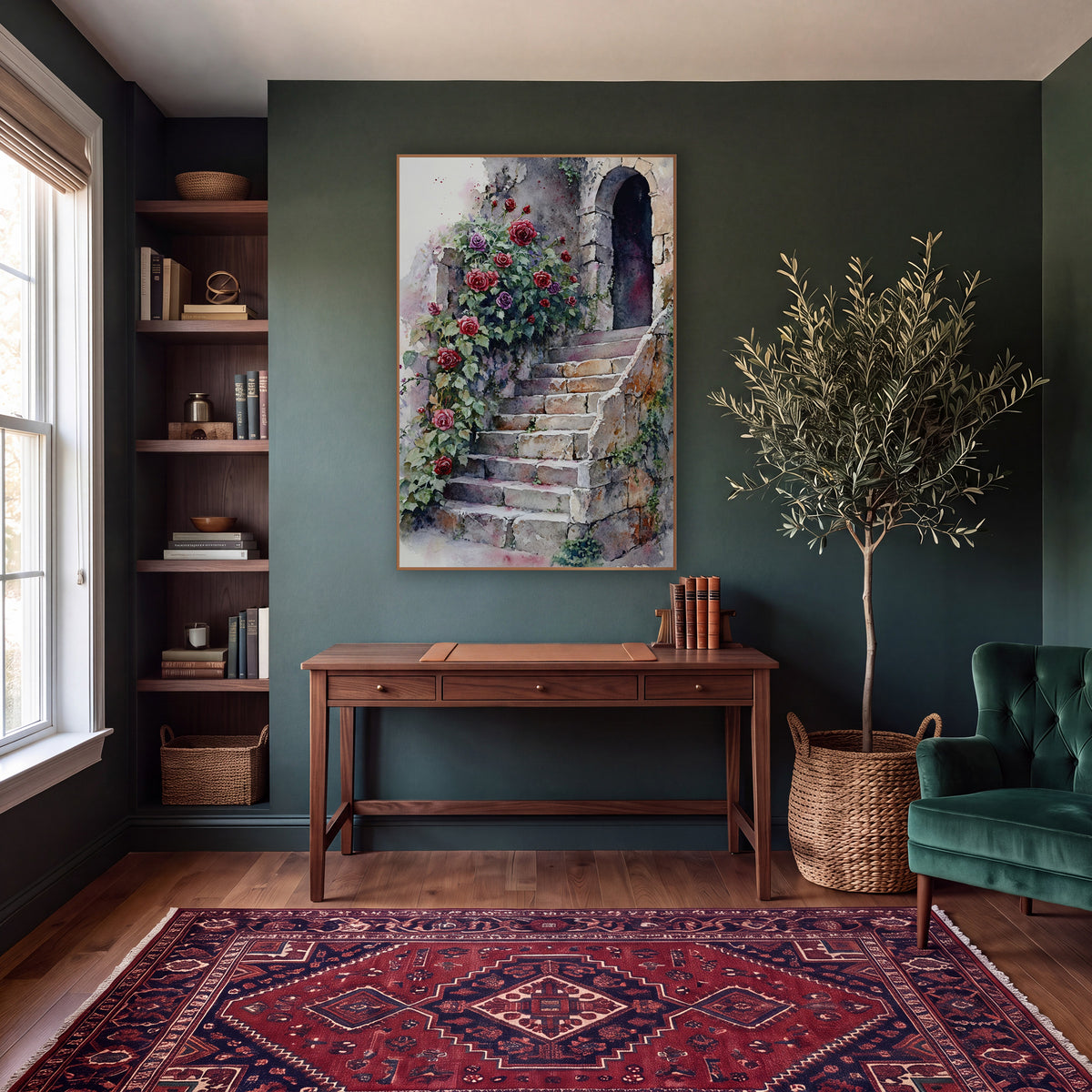 Arched Door Roses Vintage wall art in a moody dark academia room – red and purple roses climbing beside worn stone