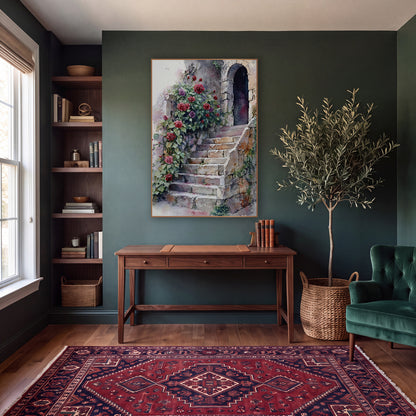Arched Door Roses Vintage wall art in a moody dark academia room – red and purple roses climbing beside worn stone
