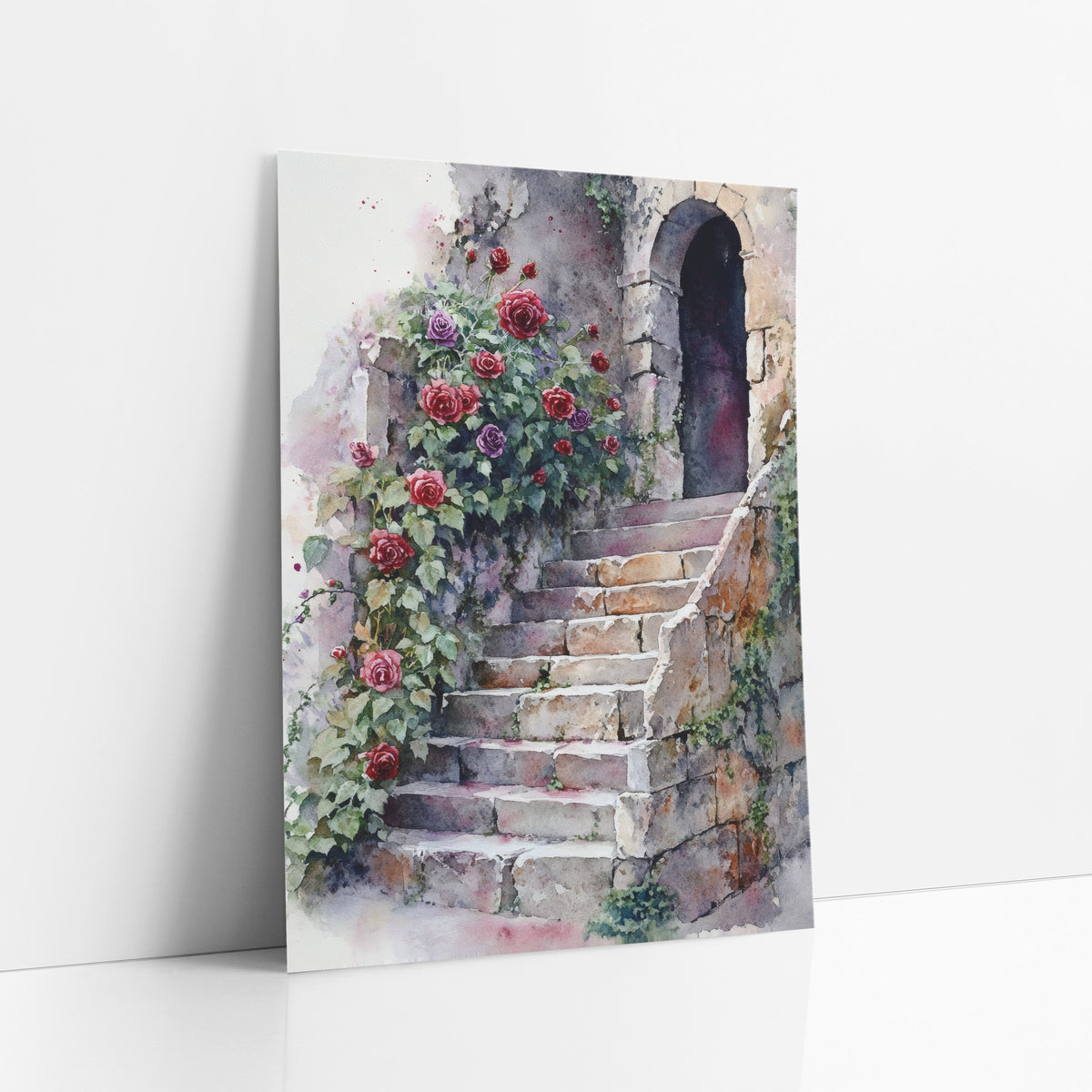 Arched Door Roses Vintage art print leaning against a white wall – red and purple roses climbing beside worn stone steps