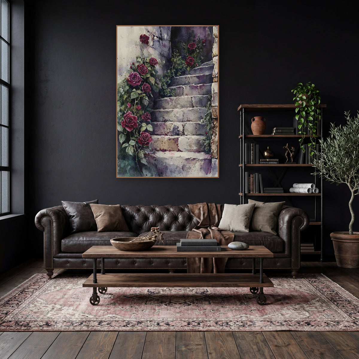 Crimson Roses Stone Stairway Watercolor wall art in a moody dark academia room – deep red roses and green vines