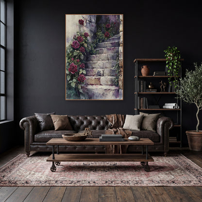 Crimson Roses Stone Stairway Watercolor wall art in a moody dark academia room – deep red roses and green vines