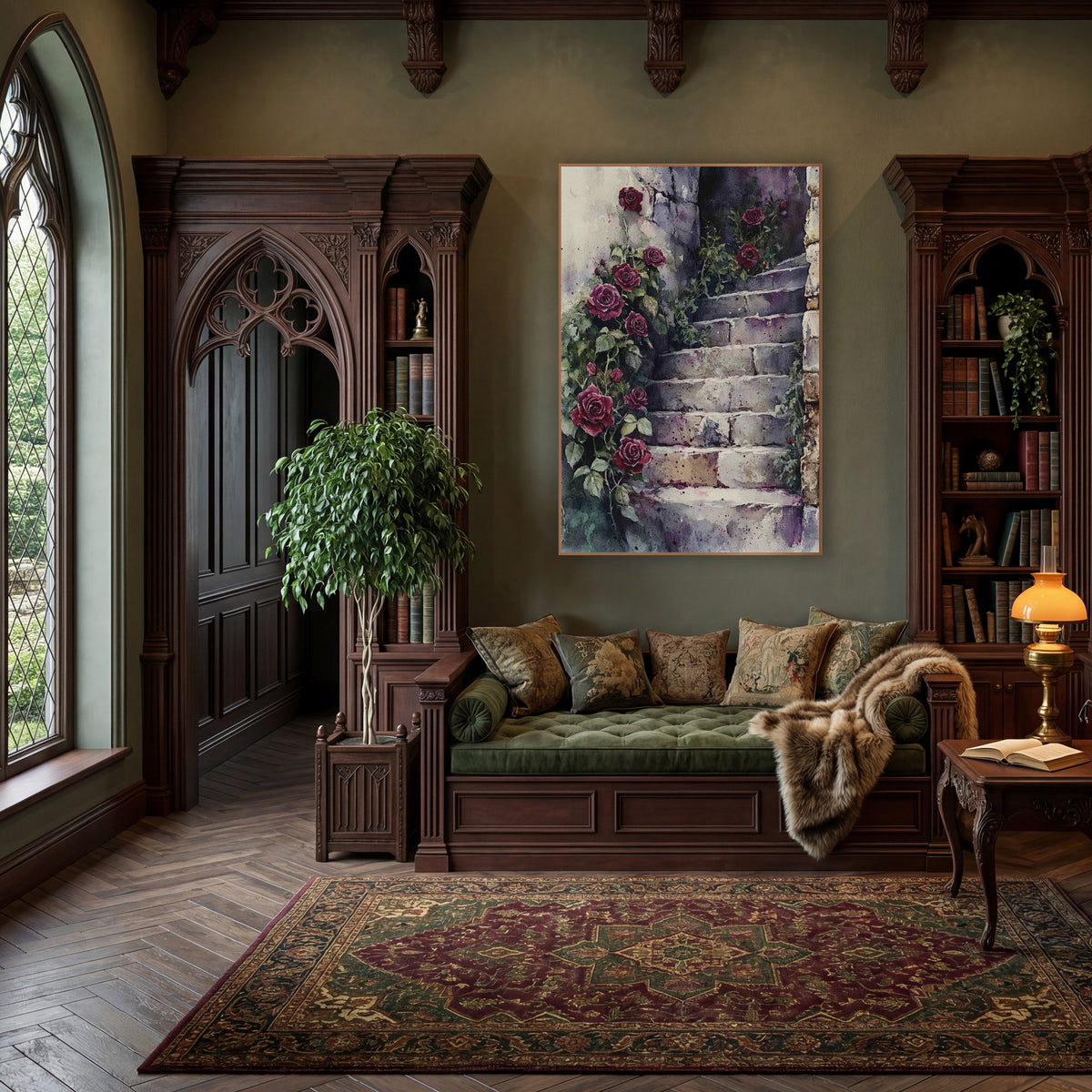 Crimson Roses Stone Stairway Watercolor wall art in a moody dark academia room – deep red roses and green vines