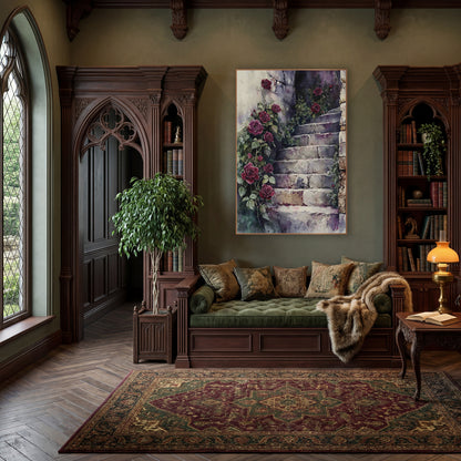 Crimson Roses Stone Stairway Watercolor wall art in a moody dark academia room – deep red roses and green vines