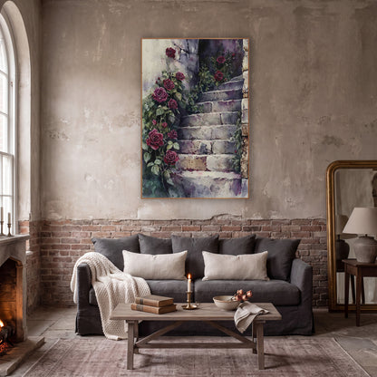 Crimson Roses Stone Stairway Watercolor wall art in a moody dark academia room – deep red roses and green vines