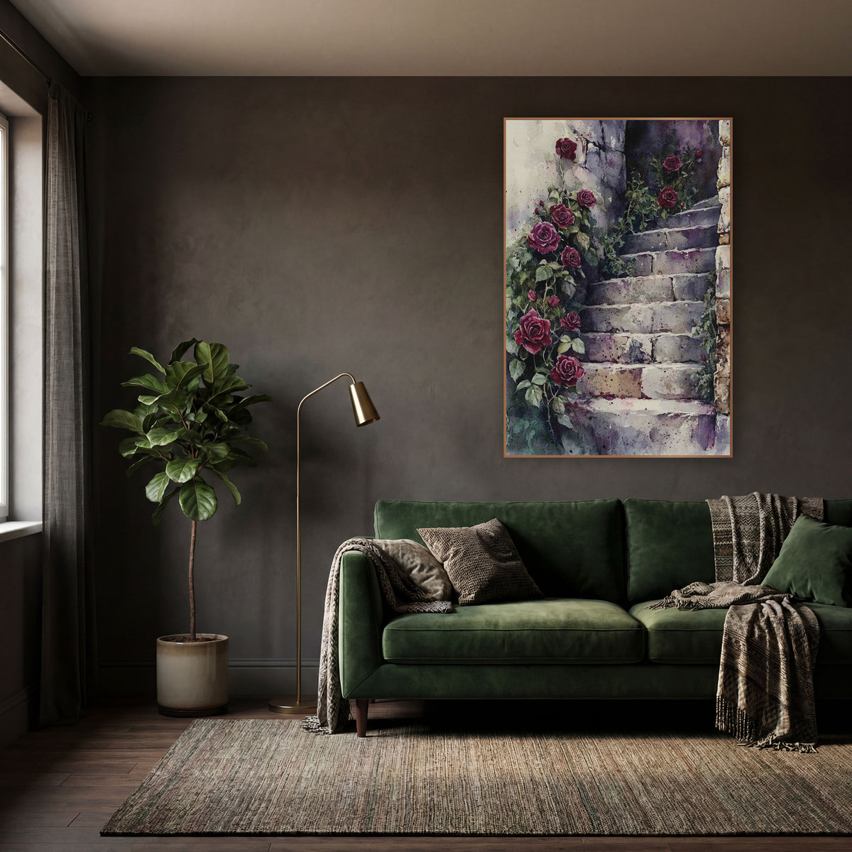 Crimson Roses Stone Stairway Watercolor wall art in a moody dark academia room – deep red roses and green vines