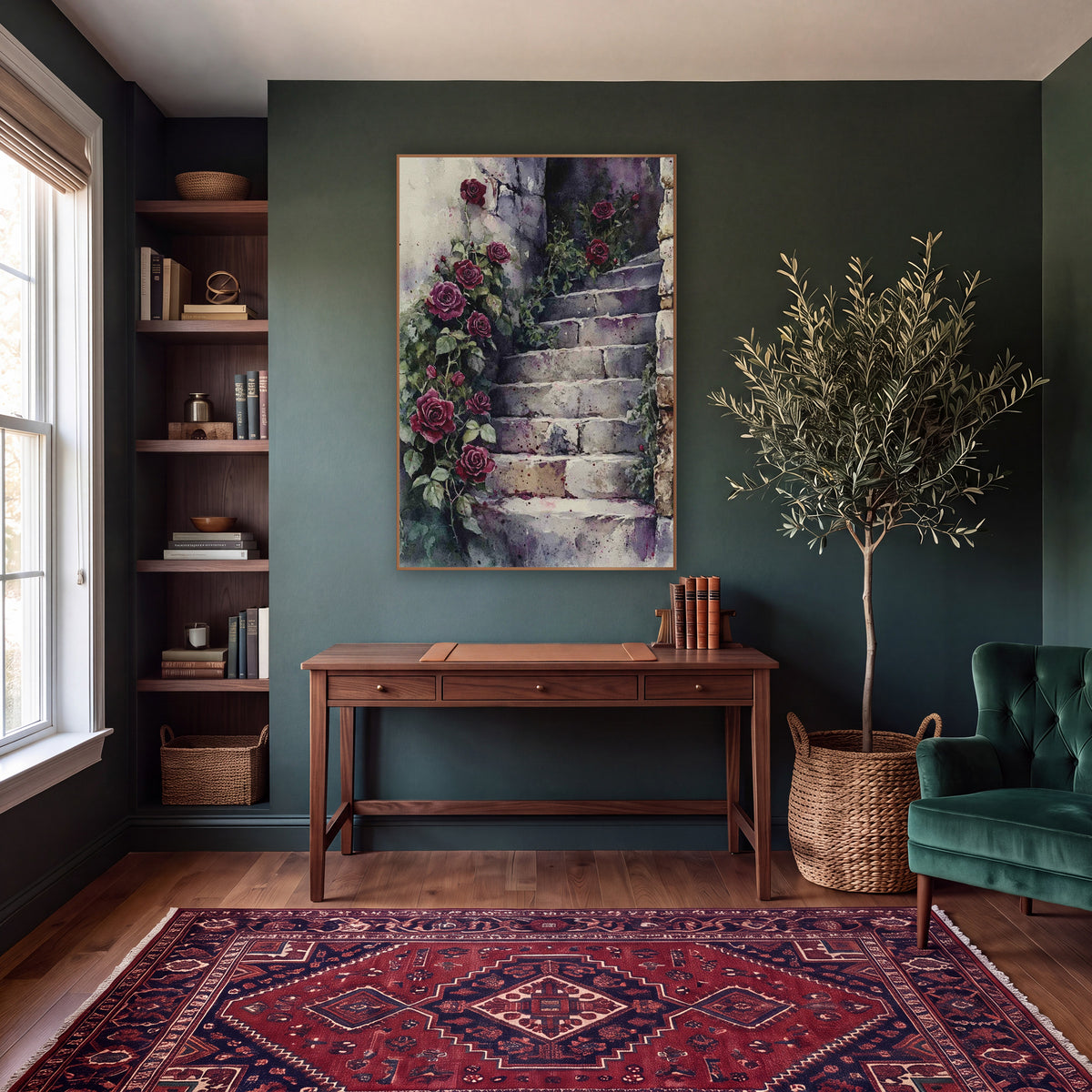 Crimson Roses Stone Stairway Watercolor wall art in a moody dark academia room – deep red roses and green vines