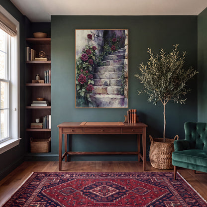 Crimson Roses Stone Stairway Watercolor wall art in a moody dark academia room – deep red roses and green vines