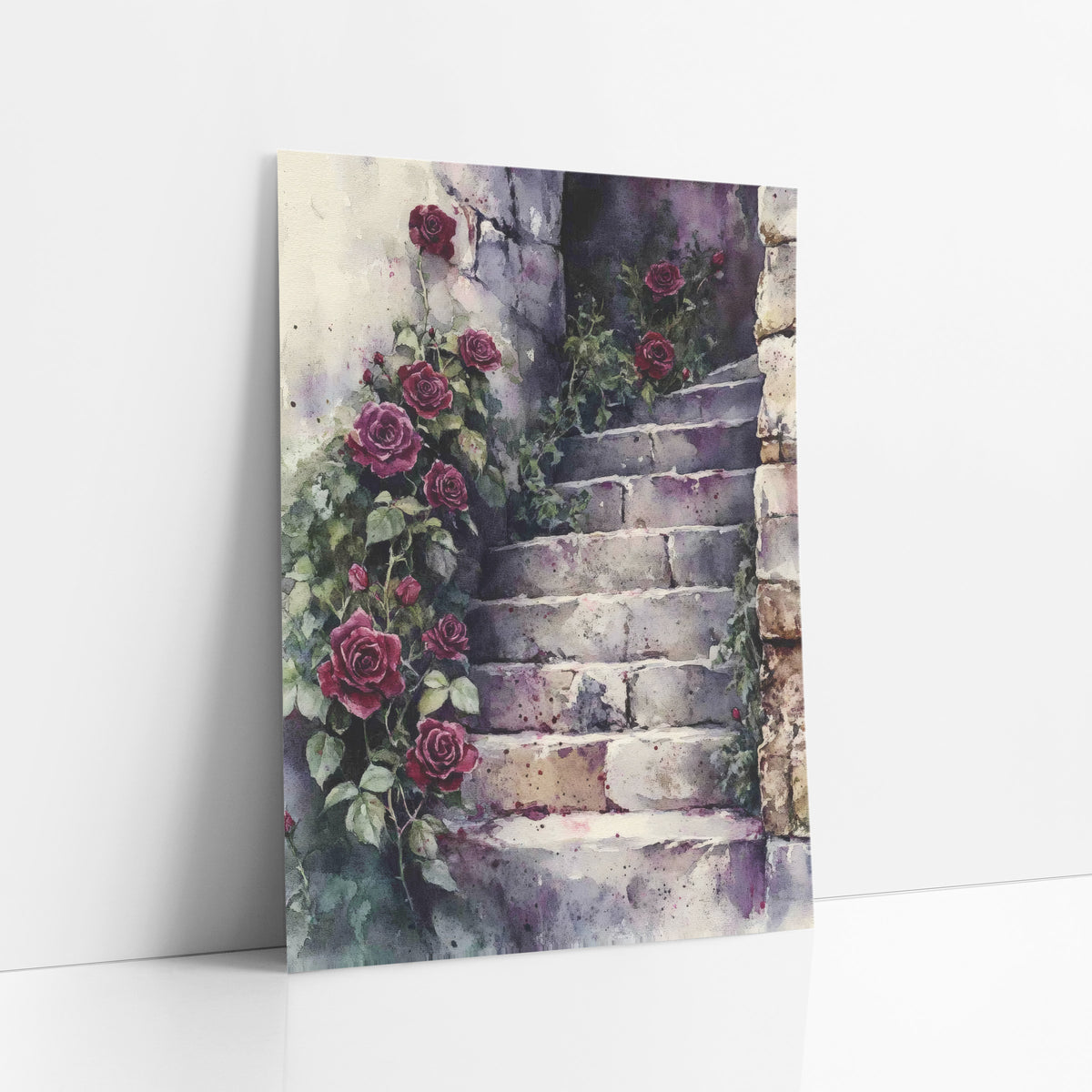Crimson Roses Stone Stairway Watercolor art print leaning against a white wall – deep red roses and green vines climbing