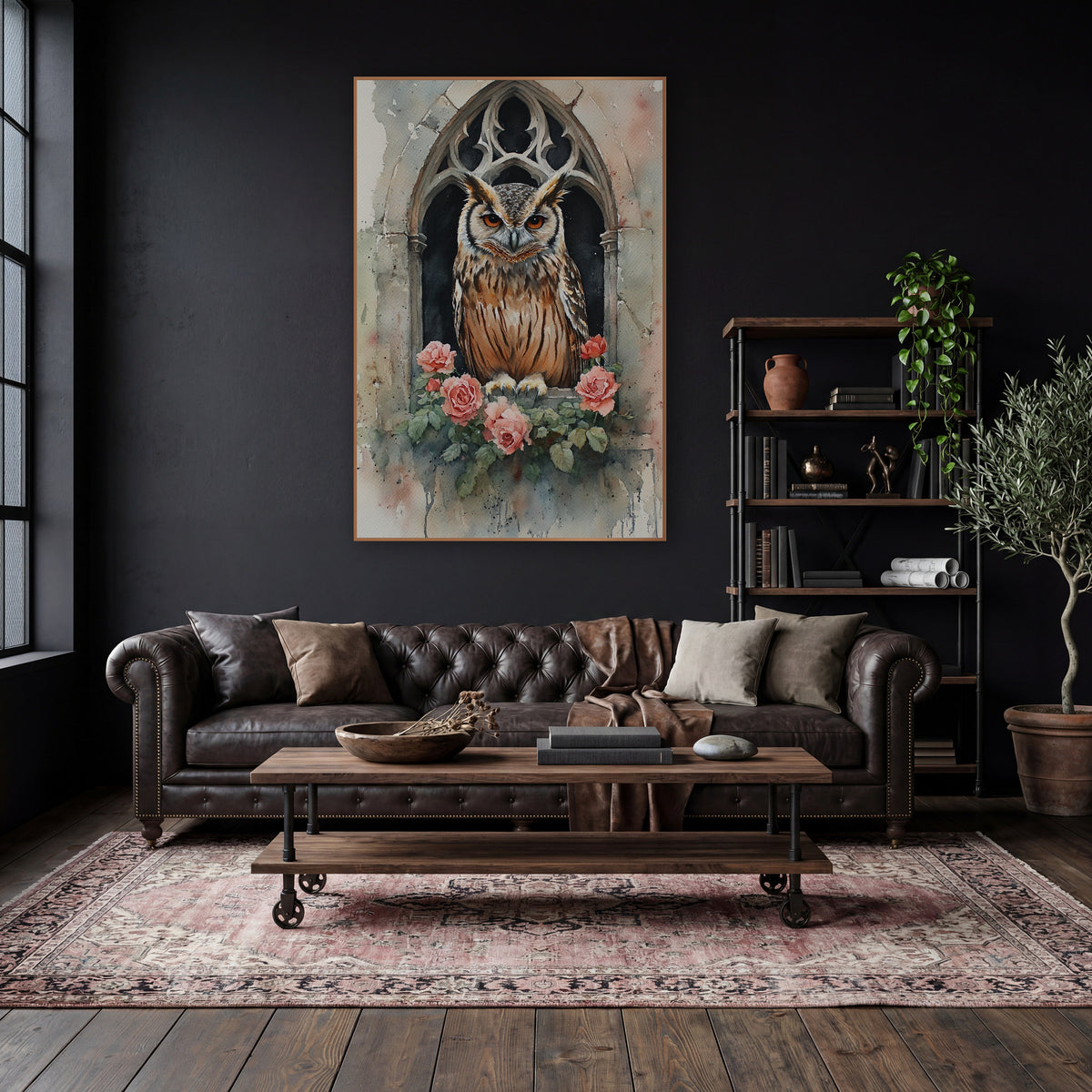 Horned Owl Gothic Window Roses wall art in a moody dark academia room – horned owl with orange eyes in a gothic stone