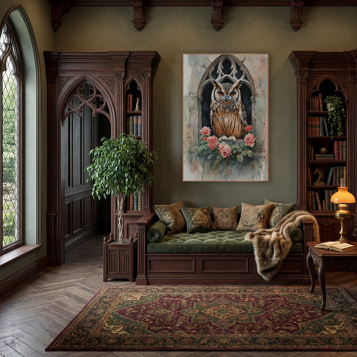 Horned Owl Gothic Window Roses wall art in a moody dark academia room – horned owl with orange eyes in a gothic stone