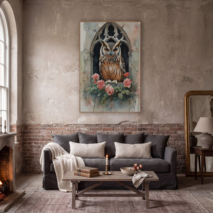 Horned Owl Gothic Window Roses wall art in a moody dark academia room – horned owl with orange eyes in a gothic stone
