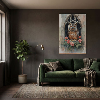 Horned Owl Gothic Window Roses wall art in a moody dark academia room – horned owl with orange eyes in a gothic stone