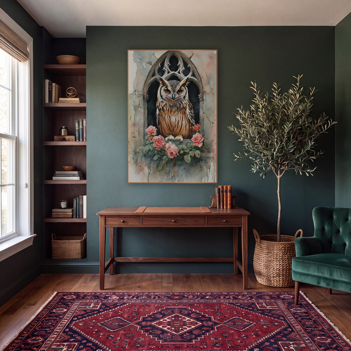 Horned Owl Gothic Window Roses wall art in a moody dark academia room – horned owl with orange eyes in a gothic stone