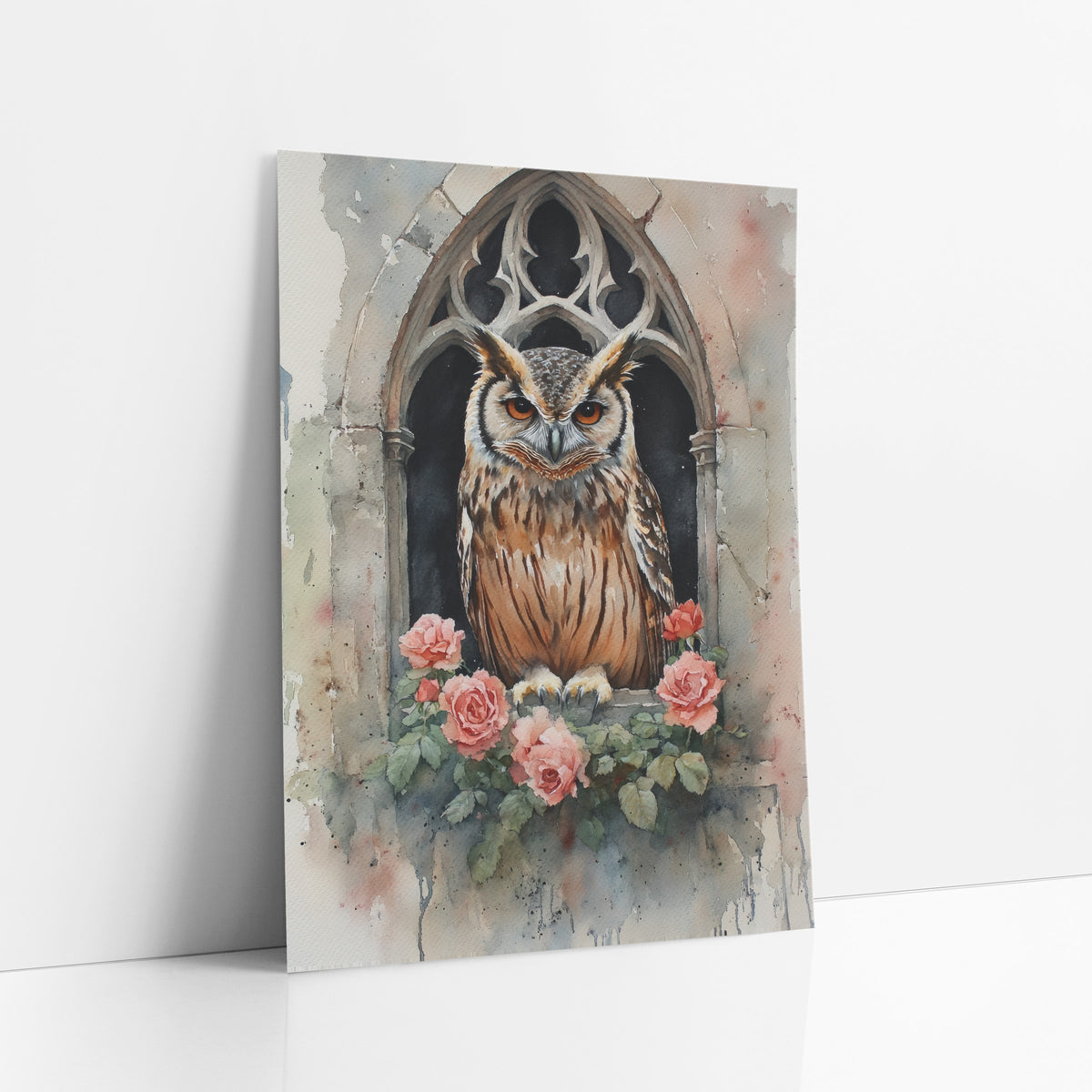 Horned Owl Gothic Window Roses art print leaning against a white wall – horned owl with orange eyes in a gothic stone window
