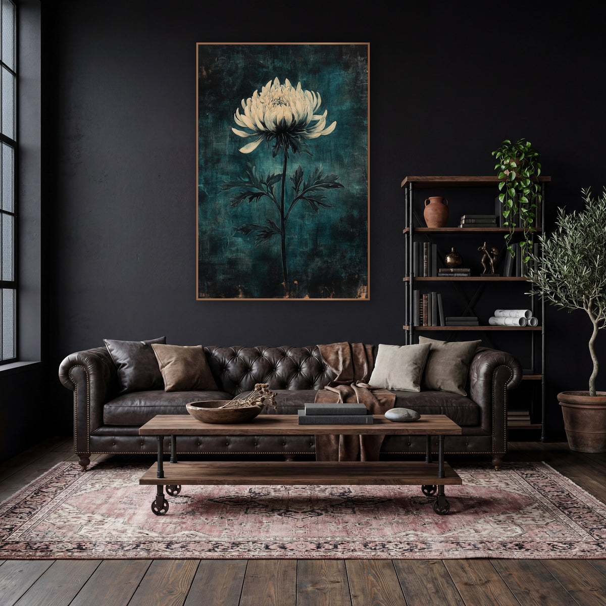Ivory Chrysanthemum Teal Haze Moody wall art in a moody dark academia room – single cream chrysanthemum on a slender