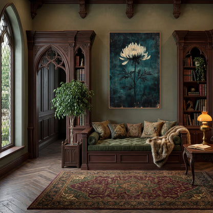 Ivory Chrysanthemum Teal Haze Moody wall art in a moody dark academia room – single cream chrysanthemum on a slender