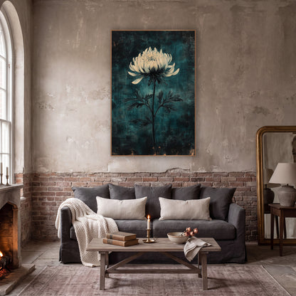 Ivory Chrysanthemum Teal Haze Moody wall art in a moody dark academia room – single cream chrysanthemum on a slender