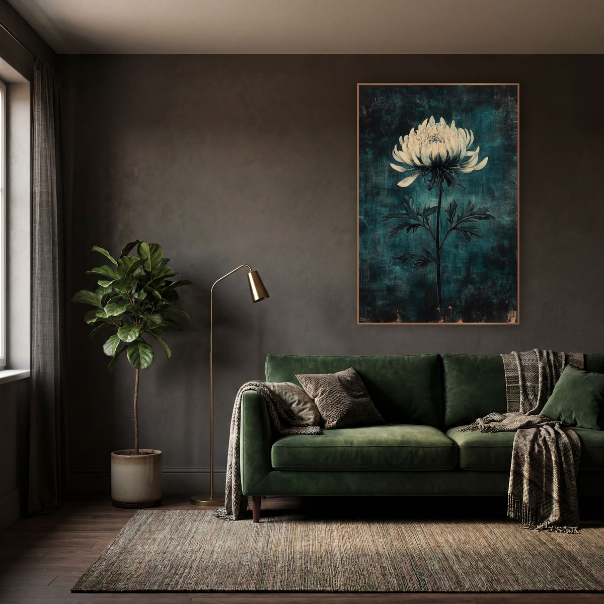 Ivory Chrysanthemum Teal Haze Moody wall art in a moody dark academia room – single cream chrysanthemum on a slender